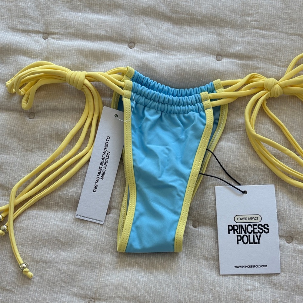 Princess Polly Sky Blue Bikini Bottom with Yellow Trim & Ties